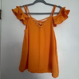 Express Orange Cold-Shoulder Lace-Up Ruffle Camisole